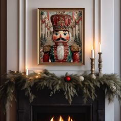 a fire place with christmas decorations and a framed nutcracker on the mantel