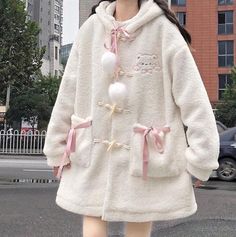 Kawaii Hooded Outerwear For Fall, Cute Oversized Hoodie Outerwear, Cute Long Sleeve Winter Outerwear, Oversized Harajuku Long Sleeve Outerwear, Kawaii Cotton Hoodie For Winter, Winter Kawaii Cotton Hoodie, White Kawaii Hoodie Outerwear, White Kawaii Outerwear For Winter, Cute Long Sleeve Hoodie For Loungewear