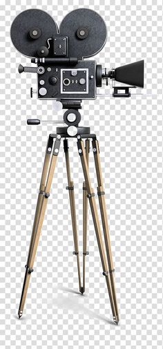 an old fashioned movie camera sitting on top of a tripod with wooden legs and wheels