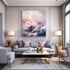 a living room with two couches and a coffee table in front of a painting on the wall