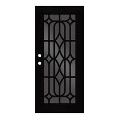 a black door with two circles on the front and side panels, in an ornate pattern