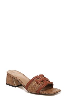 An iconic logo accent punctuates the bridge of a breezy slide sandal balanced by a square toe and flared block heel. 2" heel; (size 8.5) Leather and textile upper/synthetic lining/rubber sole Imported Brown Square Toe Mules With Branded Heel, Brown Block Heel Mules With Branded Heel Counter, Brown Block Heel Mules With Contrasting Counter, Brown Mules With Contrasting Block Heel, Formal Brown Mules With Contrasting Heel, Brown Sandals With Stacked Heel And Square Toe, Brown Block Heels For Formal Summer Events, Brown Square Toe Block Heels For Spring, Casual Brown Block Heels With Padded Heel