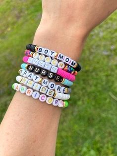 Personalized name bracelets hand made and shipped to you! Choose between a variety of primary bead color and letter style & color. Wheeling Wv, Name Bracelets, Nursing Mom, Name Bracelet, Braided Bracelets, Friendship Bracelet, Friendship Bracelets, Jewelry Bracelets, Hand Made