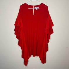 Badgley Mischka Everly Ruffle Sleeve Party Dress Red Vneck Womens Size Xs Measurements Laying Flat Approx. 19" Under Arm To Under Arm (Inside Layer) X 33" Top Of The Shoulder To Bottom Hem In Excellent Pre-Owned Condition. Looks As If It Was Never Worn Comes From A Clean And Smoke Free Home! Red Flutter Sleeve Dress For Party, Red Party Dress With Flutter Sleeves, Chic Red Dress With Flutter Sleeves, Holiday V-neck Ruffled Mini Dress, Elegant Red Flowy Mini Dress, Party Dress Red, Badgley Mischka Dress, Badgley Mischka, Dress Red