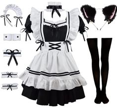 PRICES MAY VARY. High-quality Fabric: Polyester, cotton , well made, soft and comfy to the touch , cute anime maid queen princess dress outfit look. The complete 8 pcs set includes: dress + apron + maid headwear + cat ear + neck ring + bracelet * 2 + leg ring * 2+ knee socks. Distinctive Design: There is a big bow design on the back of the dress, with two black bows on the waist, it looks more cute. The black base skirt is matched with a white apron. Applicable Occasion: It’s suitable for many d White Kawaii Costume For Cosplay, Cute White Dresses For Cosplay, Cute White Dress For Cosplay Events, White Fitted Cosplay Costume For Fancy Dress, Fitted White Cosplay Costume For Fancy Dress, Kawaii White Fitted Cosplay Costume, White Fitted Kawaii Cosplay Costume, White Kawaii Dress For Costume Party, White Kawaii Dress For Halloween