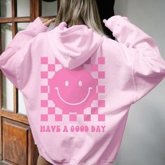 Have a Good Day Hoodie Trendy Hoodie Smile Preppy Sweatshirt | Etsy Pink Fleece Hoodie With Graphic Print, Cute Pink Hoodie For Streetwear, Pink Hip Hop Hoodie For Winter, Pink Hooded Hoodie With Letter Print, Cute Oversized Hooded Sweatshirt, Oversized Cute Hooded Sweatshirt, Trendy Winter Hoodie With Letter Print, Pink Hip Hop Hoodie For Fall, Cute Hooded Hoodie For Loungewear