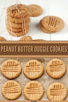 peanut butter doggie cookies on parchment paper with text overlay that reads, peanut butter dogie cookies