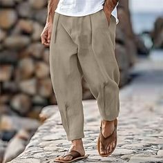 Season:Spring  Summer; Fabric:100% Cotton; Gender:Men's; Style:Fashion,Streetwear; Occasion:Holiday,Daily,Casual; Fit Type:Regular Fit; Function:Breathable,Comfort; Waistline:Mid Waist; Pattern:Plain; Design:Front Pocket,Pleats; Brand:OUKU; Pants Type:Trousers,Tapered Carrot Pants,Beach Pants,Summer Pants; Fly Type:Button; Front page:FF; Listing Date:07/19/2024 Baggy Harem Pants With Pockets For Vacation, Wide Leg Harem Pants With Pockets For Beach Season, Non-stretch Leisure Bottoms For Summer, Wide-leg Harem Pants For Beach Season With Pockets, Baggy Solid Color Pants For Vacation, Baggy Solid Color Bottoms For Vacation, Baggy Straight Pants For Vacation, Baggy Summer Vacation Pants, Summer Vacation Baggy Pants