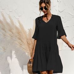 New Fashion Casual V-neck Women's Dress Elegant Loose Print Patchwork Flare Sleeve Beach Party Summer Dresses for Femme Chic V-neck Dress For Beach Season, V-neck Solid Color Sundress For Spring, Spring V-neck Solid Color Sundress, Solid Color V-neck Sundress For Spring, Spring Solid Color V-neck Sundress, V-neck Solid Color Sundress For Day Out, Summer V-neck Knee-length Dress For Brunch, Summer V-neck Solid Color Sundress, Bohemian Solid Color Dresses For Vacation