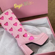 Literally Never Worn - Haven’t Even Been Tried On. Received As A Gift And I’m A Size 9. Pink Go Go Boots, Pink Gogo Boots, Pink Boots Aesthetic, Heart Heels, Heart Boots, Funky Boots, Pink Things To Buy, Statement Shoes, Go Go Boots