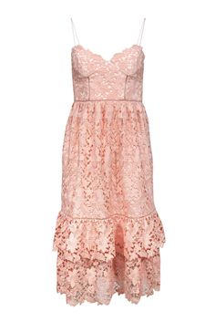 Current Boutique-Club Monaco - Pink Lace Tiered Midi Dress Sz 00 Feminine Lace Bodice Midi Dress For Wedding, Chic Lace Dress With Scalloped Lace And Sweetheart Neckline, Spring Formal Midi Dress With Lace Bodice, Feminine Scalloped Lace Dress For Wedding Guest, Pink Dressy Midi Dress For Prom, Pink Lace Bodice Dress For Prom Season, Pink Dress With Lace Bodice For Prom, Formal Dress With Sweetheart Neckline And Scalloped Lace, Dressy Pink Midi Dress For Prom