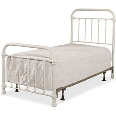 a white metal bed frame with no headboard and foot board is shown in front of a white background