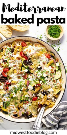 this mediterranean baked pasta is loaded with fresh herbs, cheese and olives it's ready to be eaten