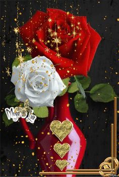 a red vase with two white roses in it and gold glitters around the edges