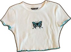 Fitted Summer Tops With Embroidered Graphics, Fitted Spring Tops With Embroidered Graphics, Fitted Tops With Embroidered Graphics For Spring, Casual Fitted Tops With Embroidered Graphics, Trendy Summer Tops With Butterfly Embroidery, Summer Fitted Tops With Butterfly Embroidery, Fitted Summer Tops With Butterfly Embroidery, Fitted Butterfly Embroidery Top For Spring, Fitted Tops With Butterfly Embroidery For Spring