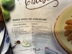 an advertisement for baked apple pie cheesecake on a table