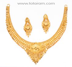 22 Karat Gold Necklace - Ear hangings SET 
   Contains Necklace & Ear hangings. 
   Necklace Weight: 23.700 - 24.200 grams 
   Ear tops Weight: 8.800 - 9.200 grams 
   Total Weight: 32.500 - 33.400 grams 
    - 235-GS144 - in 33.400 Grams for USD $2609.79. 
Made in India by Totaram Jewelers Online this product is in Gold - 22 Karat BIS Hallmark 916 KDM Gold  & is an excellent gift for Adult - Women. Ships fully insured with secured guaranteed delivery for free with your order over $250 f Affordable Handmade Gold Jewelry Sets, Affordable Gold Jewelry Sets For Festive Occasions, Cheap Traditional Gold Bridal Necklace, Cheap Gold Traditional Bridal Necklace, Simple Indian Gold Necklace Set, Luxury 22k Gold Jewelry Set For Women, Gold Necklace Women Kameswari Jewellers, Luxury 22k Gold Bridal Necklace For Festive Season, Luxury 22k Gold Bollywood Necklace