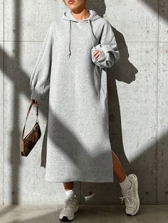 Grey Casual Collar Long Sleeve Knitted Fabric Plain Dress Embellished Slight Stretch  Women Clothing Loose Jeans Outfit, Split Hem Dress, Warm Dresses, Plain Dress, Hooded Dress, Sport Dress, Athleisure Wear, Vestido Casual, Lantern Sleeve