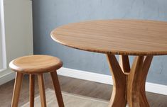 two wooden stools sit next to a round table in a room with blue walls