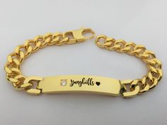 Gold Nameplate Bracelets For Valentine's Day, Rectangular Engraved Gold Bracelet Gift, Rectangular Gold Bracelets For Friendship, Gold Bracelets With Engraving Option For Friendship, Gold Bracelets For Father's Day Anniversary, Gold Bracelets For Anniversary On Father's Day, Gold Bracelet For Father's Day Gift, Customized Gold Name Bracelet For Friendship, Customizable Gold Name Bracelet For Friendship