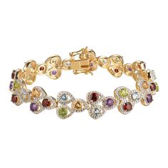 Colleen Lopez 18K Gold-Plated Multigemstone Rainbow Station Bracelet  Elevate your style when you accessorize with this sparkling colored gemstone bracelet. It features a rainbow of colored gemstones, including red garnet, yellow citrine, green peridot, purple amethyst and blue topaz, in a delightful design we think you'll love!       Approx. 7.25" x 12.4mm     Stamped .925; 18K yellow gold-plating     Box Clasp     Modified line bracelet design features round-cut, colored gemstones including ga Elegant Multicolor Cubic Zirconia Bracelets, Exquisite Cubic Zirconia Gemstone Bracelets, Multicolor Gold Bracelet With Gemstones, Elegant Multicolor Multi-stone Gold Bracelet, Luxury Multicolor Gemstone Bracelets, Fine Jewelry Bracelets With Gemstone Accents And Cubic Zirconia, Elegant Multicolor Crystal Gemstone Bracelet, Multicolor Stone Bracelets In Fine Jewelry Style, Elegant Multicolor Gemstone Crystal Bracelet