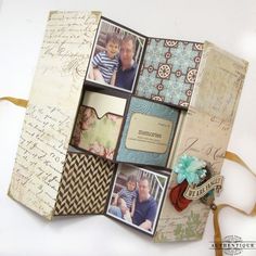 an altered photo album with pictures and ribbons on it's cover, is shown