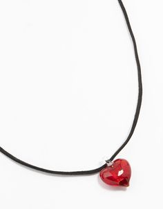 Add romance and charm to your look with this stunning red beaded glass heart necklace. The vibrant red glass heart exudes love, while the cord adds more edge to your style. Material: Cord, Glass Color: Red Dimensions: Chain Length: 23.5 cm Extender: 8 cm Feature Dimensions: Pendant Width: 16 mm Pendant Height: 18 mm | Lovisa Mini Red Beaded Glass Heart Necklace, Black Glass Heart Necklace, Necklace Black, Glass Color, Glass Heart, Colour Red, Red Glass, Vibrant Red, Chain Lengths, Heart Necklace