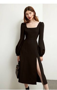 Elegant Vintage Black Retro Long Sleeve Split Midi Chiffon Dress | Uniqistic.com Elegant Midi Dress With Lantern Sleeves For Night Out, Elegant Lantern Sleeve Midi Dress For Night Out, Elegant Chiffon Dress With Square Neck, Black Midi Dress With Lantern Sleeves For Evening, Formal Chiffon Dress With Square Neck, Formal Square Neck Chiffon Dress, Chiffon Evening Dress With Square Neck, Square Neck Chiffon Evening Dresses, Chiffon Square Neck Evening Dresses