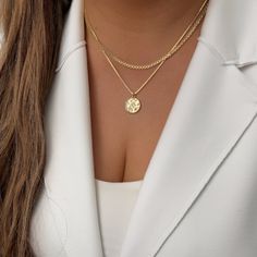 "All chains are 18k Gold filled and are marked, it's excellent quality Jewelry. ITEM DETAILS: * Material: 18k Gold Filled Chain Nickel Free Hypoallergenic * Size: 16\" Length * If you want to buy the set, the measurements are: - Bismark Chain 3mm16 \" - Box Chain 1.5 mm 18\" + Moon Chain * Shipment: Free shipping. Everything Is made to order. Order preparation may tak 3 To 5 business day. * Packaging: The jewels are packed and delivered in a beautiful packaging, ideal to give and surprise on spe Dainty Gold Chain Round Necklaces, Dainty Round Gold Chain Necklace, Gold Pendant Layered Necklace, Elegant 14k Gold-filled Coin Necklace, Plated Chain Necklace With Round Pendant As Gift, Dainty Necklace With Round Pendant And Gold Chain, Plated Round Pendant Chain Necklace Gift, Dainty Gold Chain Round Charm Necklace, Dainty Gold Plated Chain Necklace