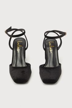 Add a touch of sophistication and class to any 'fit with the Lulus Izzori Black Velvet Square Toe Ankle Strap Heels! Soft, plush velvet shapes these chic heels that feature a square-toe upper and a low-cut collar. Slender straps sprout from the sides and secures around the ankle with a shiny gold buckle, all atop a sturdy block heel. 3" wrapped block heel. Cushioned insole. Felted rubber sole has nonskid markings. Man made materials. Imported. Lulus | Izzori Black Velvet Square Toe Ankle Strap H Chic Heels, Lulu Fashion, Ankle Strap Pumps, Strap Pumps, Ankle Strap Heels, Strap Heels, Low Cut, Black Velvet, Soft Plush