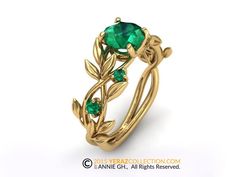 Unique Emerald Leaf Engagement Ring Inspired by nature, this ring is beautifully designed with a 6.5 mm Chatham Emerald (lab created) center stone. The side stones on the leaves are Natural Emeralds. This is a perfect gift for your special one! - This ring is made from 14k Yellow gold, it has 4 natural emeralds on the leaves (.14 total). - The center stone is a 6.5 mm Chatham Emerald(Lab-created). - Different center stone on request. - I use recycled gold only. - The item comes with a jewelry bo Engagement Ring Nature, Leaf Engagement Ring, Titanium Wedding Band, Yellow Engagement Rings, Emerald Engagement, Leaf Ring, Yellow Gold Engagement Rings, Emerald Engagement Ring, Pretty Rings