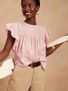 Pintuck Ruffle-Sleeve Top | Banana Republic Summer Feminine Blouse With Ruffle Sleeves, Feminine Summer Blouse With Ruffle Sleeves, Summer Feminine Blouse With Flutter Sleeves, Feminine Summer Blouse With Flutter Sleeves, Feminine Flutter Sleeve Summer Blouse, Spring Cotton Tops With Pleated Sleeves, Chic Butterfly Sleeve Blouse For Spring, Chic Cotton Blouse With Butterfly Sleeves, Spring Chic Blouse With Butterfly Sleeves