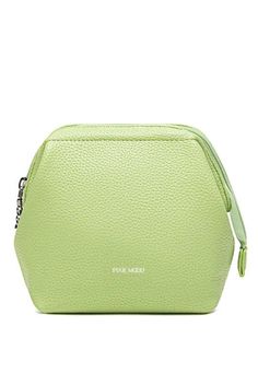 a lime green cosmetic bag with zippers on the front and side, sitting on a white background