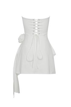 Rosette Strapless Mini Dress - White Bodycon Mini Dress With Corset Back And Spaghetti Straps, Spaghetti Strap Bodycon Mini Dress With Corset Back, Fitted Strapless Mini Dress With Lace-up Back, Mini Dress With Corset Back, White Mini Length Corset Dress With Straps, White Sleeveless Bandage Mini Dress, Strapless Fitted Mini Dress With Lace-up Back, Fitted White Mini Dress With Tie Back, Summer Bodycon Mini Corset Dress