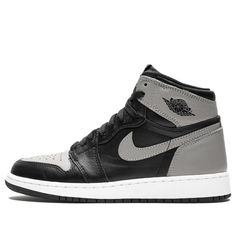 The Nike Air Jordan 1 Retro High OG BG 'Shadow' 2018 is a retro re-release of the OG Fall 1985 colorway. The shoe features a black and medium grey leather upper with a white midsole and black outsole. It also features OG Nike Air branding on the tongue and the Wings logo on the ankle collar. This grade school-sized sneaker is perfect for any young Jordan fan looking to add a classic to their rotation. Jordan 1 Shadow, Bg Black, Outfit Pieces, Air Shoes, Shoes Jordan, Jordan Air, Jordan 1 High Og, Air Jordan Sneakers, Air Jordan 1 Retro High Og