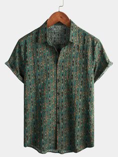 Men's Vintage Paisley Print 70s Button Up Green Boho Retro Tribal Shor – Atlanl Yellow Lace Shirt Mens, Mens Hippie T Shirt, Cheap American Style Men's Tops, Cheap Casual Men's Camp Shirt, Cheap Men's Shirt With Snap Buttons, Cheap Men's Ring-spun Cotton T-shirt, Cheap Patterned Camp Shirt For Vacation, Cheap Vintage Outdoor Tops, Mens Small Print Shirt