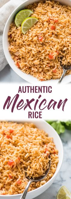 mexican rice in a white bowl with limes on the side and text overlay that reads authentic mexican rice