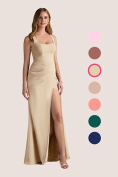 a woman wearing a long dress with high slits and an open back, standing in front of color swatches