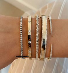 "Half Way Single Prong Bangles, Flush Setting Wedding Bracelet, Trendy Trapped Baguette Simulated Diamond Bangle, Two Row & Claw Cuff Bangle *All Bangles Are Half Way* ❤ Item Information ❤ ✎ All Stone's Color/Clarity: DEF/VVS ✎ All Stone Quality: A ⇨ 1st :-> ✎ Stone Shape: Round Cut ✎ Stone Size: 2.80 ⇨ 2nd :-> ✎ Stone Shape: Round Cut ✎ Stone Size: 3.50 mm ⇨ 3rd :-> ✎ Stone Shape: Baguette  ✎ Stone Size: 4X2X1.50mm ⇨ 4th :-> ✎ Stone Shape: Round Cut ✎ Stone Size: 1.20 mm ⇨5th :-> ✎ Stone Shape: Flush Setting, Xoxo Jewelry, Bracelet Trendy, Preppy Jewelry, Pretty Jewelry Necklaces, Cute Engagement Rings, Diamond Bangles Bracelet, Jewelry Accessories Ideas, Dope Jewelry