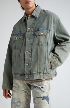 A faded wash and light distressing bring an instant lived-in look to this trucker jacket crafted in an oversized fit from nonstretch denim. 26" length (size XX-Small/X-Small) Front button closure Spread collar Button cuffs Chest button-flap patch pockets; front welt pockets Adjustable button side tabs 100% cotton Machine wash, tumble dry Made in Italy Designer Clothing Oversized Washed Denim Jacket In Medium Wash, Casual Faded Denim Jacket Relaxed Fit, Casual Relaxed Fit Faded Denim Jacket, Relaxed Fit Medium Wash Denim Jacket, Urban Style Faded Denim Jacket For Spring, Urban Faded Denim Jacket For Spring, Oversized Faded Washed Outerwear, Relaxed Fit Acid Wash Outerwear, Oversized Distressed Denim Jacket In Medium Wash