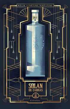 an art deco poster with a bottle in the center and gold trimmings on it