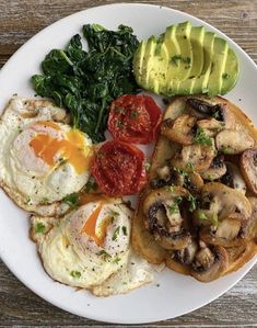 a plate with eggs, mushrooms, tomatoes and avocado on it is sitting on a wooden table