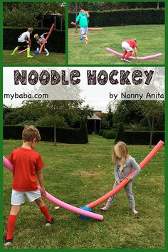 several photos of children playing with inflatable toys on the grass, and text that reads noodle hockey