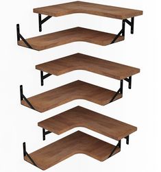 three wooden shelves with metal brackets on each shelf