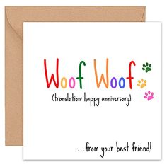 a card with the words woofwof on it and paw prints in multicolors