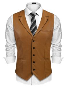 PRICES MAY VARY. High Quality: Classic cowboy vest, premium high quality faux leather and polyester material, soft and smooth, wrinkle resistant and durability. Design: Men's slim fit leather vest, authentic western style leather vest with V-neck, turn down collar, 5 button closure, 2 side pockets and 1 chest pocket. Match: A handsome western vest that's always in style and easy to match, the vest waistcoat can wear with jeans and a tee. Occasions: Men’s suit vest pairing with formal or informal Western Vest, Leather Waistcoat, Waistcoat Men, Sleeveless Coat, Stylish Suit, Vest Waistcoat, Mens Fashion Streetwear, Vests Mens, Dress Suit