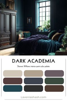 dark bedroom with blue walls and green furniture in the corner, there is an image of a