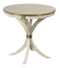 a white table with gold trimmings on the top and an oval shaped base