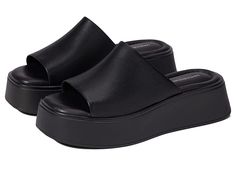 Vagabond Shoemakers Courtney Flatform Slide Sandal - Women's Sandals : Black/Black : Elevate your look with the Vagabond Shoemakers Courtney Flatform Slide Sandal. With a signature flared platform, and lightweight design, these slides will be a new favorite summer addition. Vagabond recommends sizing up if you are in between sizes. Wide leather band across the upper. 100% Tencel lining is soft for an easy wear. Leather insole provides comfort for continued wear. Open, square toe with flatform he Ideas For Party, Black Platform Sandals, Sandals Outfit, Sandal Platform, Flatform Sandals, Girly Shoes, Aesthetic Shoes, Platform Sandals Heels, Swag Shoes