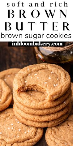 soft and chewy brown sugar cookies are stacked on top of each other with the words,